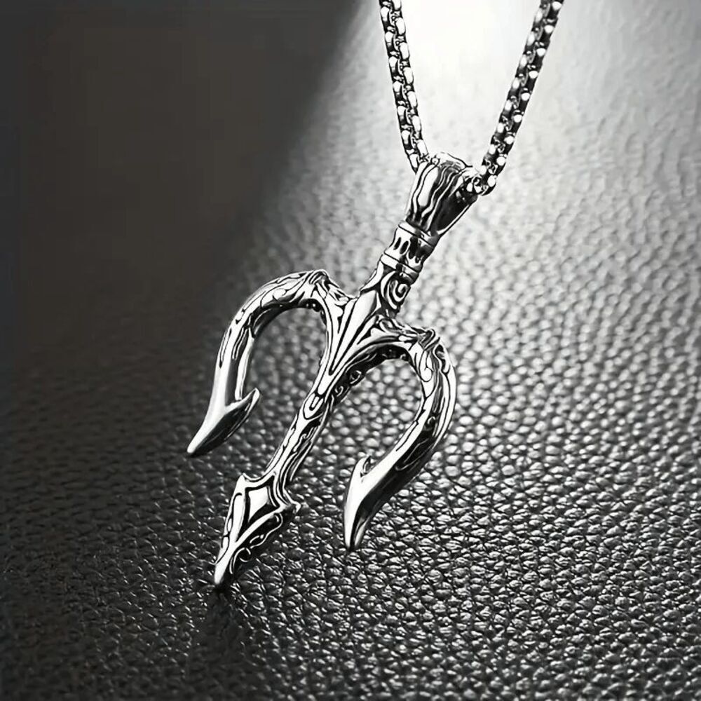 Men's Nordic Viking Amulet Poseidon Trident Stainless Steel Pendant Necklace